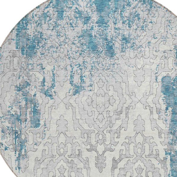 8' Teal Blue Gray And Ivory Round Medallion Washable Indoor Outdoor Area Rug