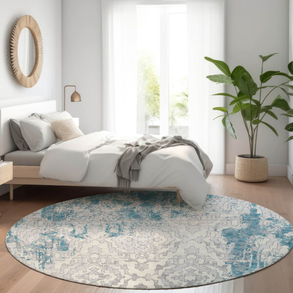 8' Teal Blue Gray And Ivory Round Medallion Washable Indoor Outdoor Area Rug