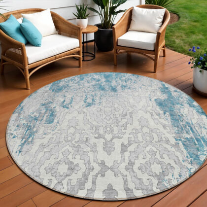 8' Teal Blue Gray And Ivory Round Medallion Washable Indoor Outdoor Area Rug