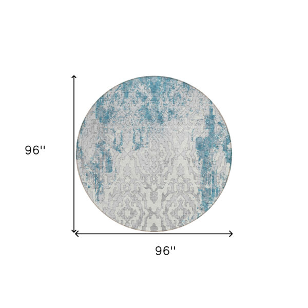 8' Teal Blue Gray And Ivory Round Medallion Washable Indoor Outdoor Area Rug