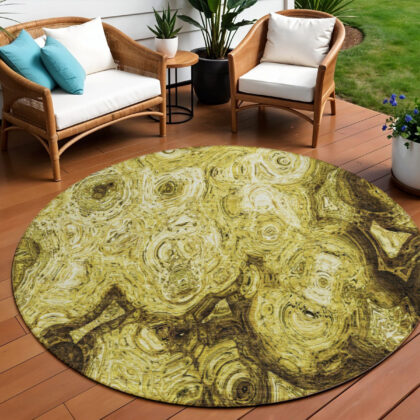 8' Gold Wheat And Chocolate Round Abstract Washable Indoor Outdoor Area Rug