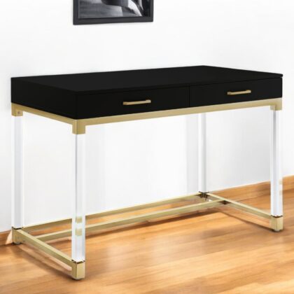 48" Black Clear and Gold Wood Acrylic and Stainless Steel Writing Desk With Two Drawers