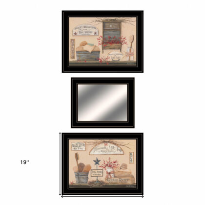 Set Of Three Wash Room Black Framed Print Wall Art with Mirror