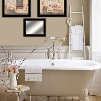 Set Of Three Wash Room Black Framed Print Wall Art with Mirror