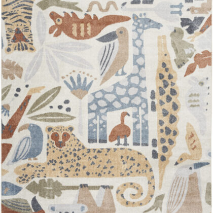 5' x 7' Ivory Blue and Gray Animal Print Washable Area Rug