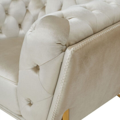 49" Beige And Gold Velvet Tufted Arm Chair
