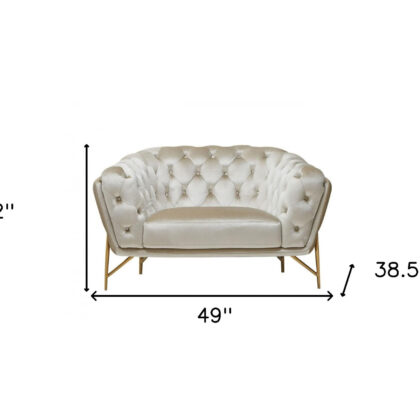 49" Beige And Gold Velvet Tufted Arm Chair