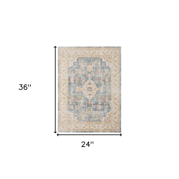 2' x 3' Blue and Ivory Oriental Power Loom Distressed Area Rug