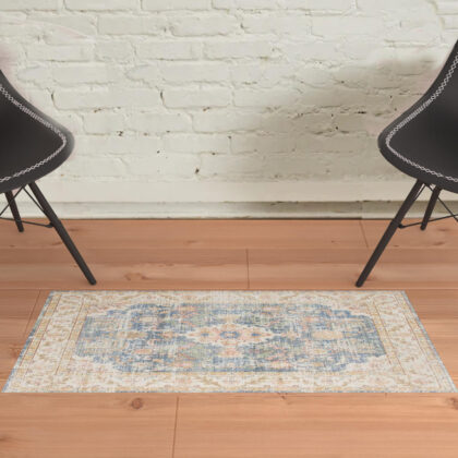 2' x 3' Blue and Ivory Oriental Power Loom Distressed Area Rug