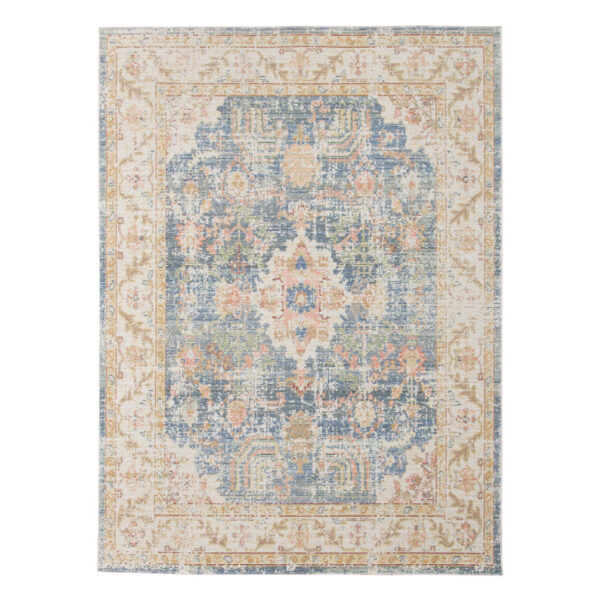 2' x 3' Blue and Ivory Oriental Power Loom Distressed Area Rug