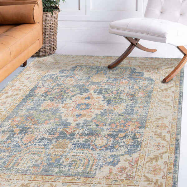 2' x 3' Blue and Ivory Oriental Power Loom Distressed Area Rug