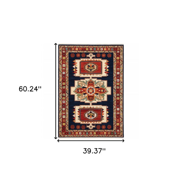 3' X 5' Blue Red Machine Woven Medallions Indoor Area Rug