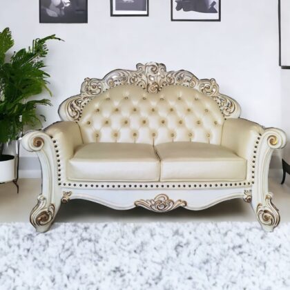70" Champagne And Pearl Faux Leather Loveseat and Toss Pillows
