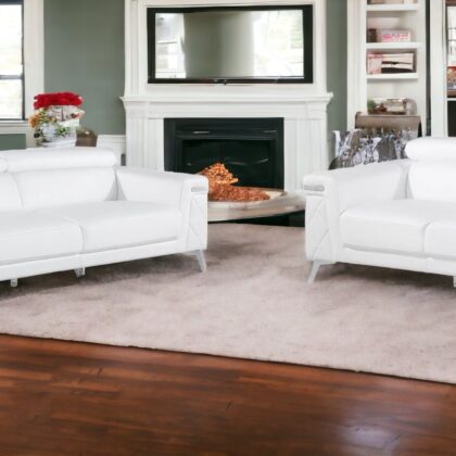 Two Piece Indoor White Italian Leather Five Person Seating Set