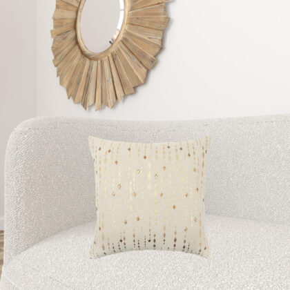 20" Gold and Ivory Cotton Pillow With Beads Edges
