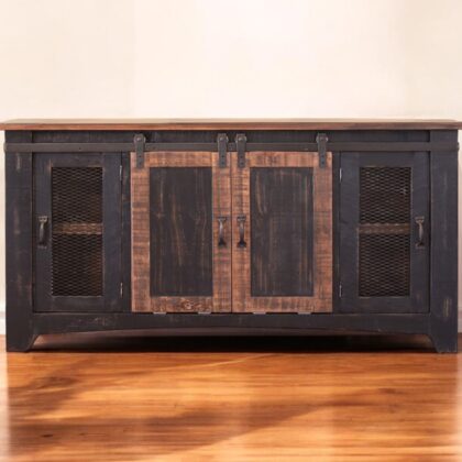 60" Black Solid Wood Cabinet Enclosed Storage Distressed TV Stand
