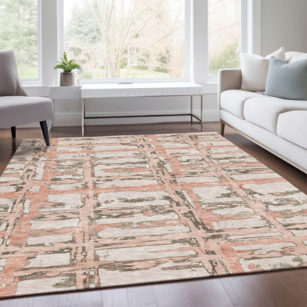 10' X 14' Pink Beige And Taupe Striped Washable Indoor Outdoor Area Rug