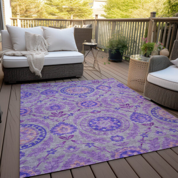 8' X 10' Lavender Lilac And Gray Floral Washable Indoor Outdoor Area Rug