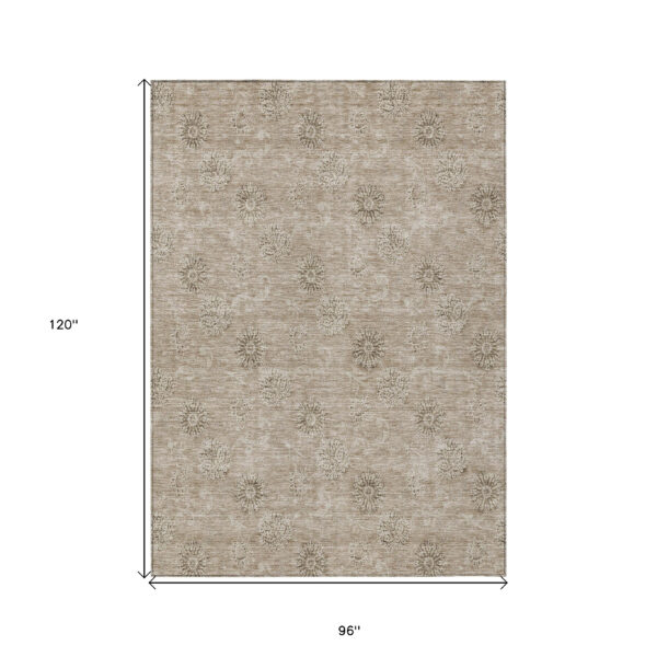 8' X 10' Khaki Beige And Tan Floral Washable Indoor Outdoor Area Rug