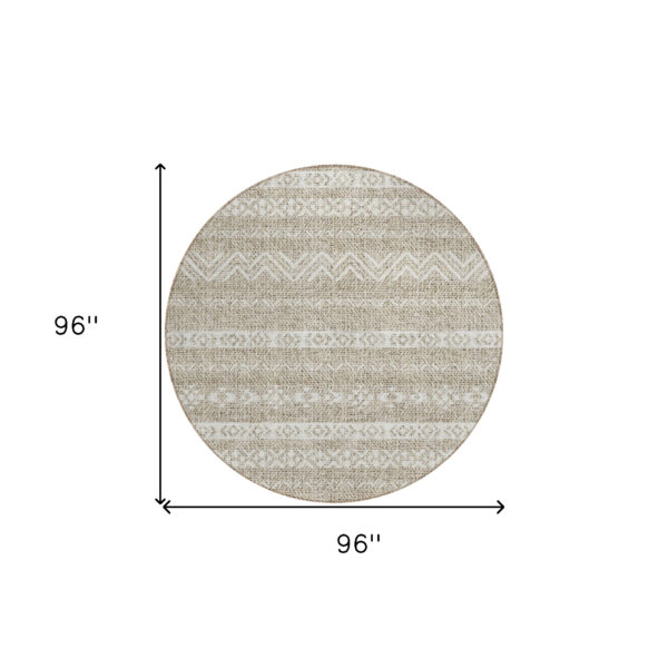 8' Beige And Ivory Round Southwestern Washable Indoor Outdoor Area Rug