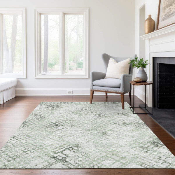 5' X 8' Artichoke Green And Ivory Geometric Washable Indoor Outdoor Area Rug