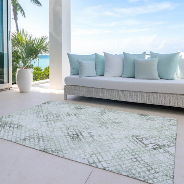 5' X 8' Artichoke Green And Ivory Geometric Washable Indoor Outdoor Area Rug