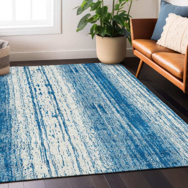 3' X 5' Navy Blue And Ivory Striped Washable Indoor Outdoor Area Rug