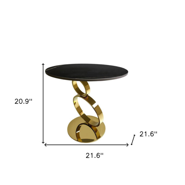 21" Black And Gold Stone And Stainless Steel Round Pedestal End Table