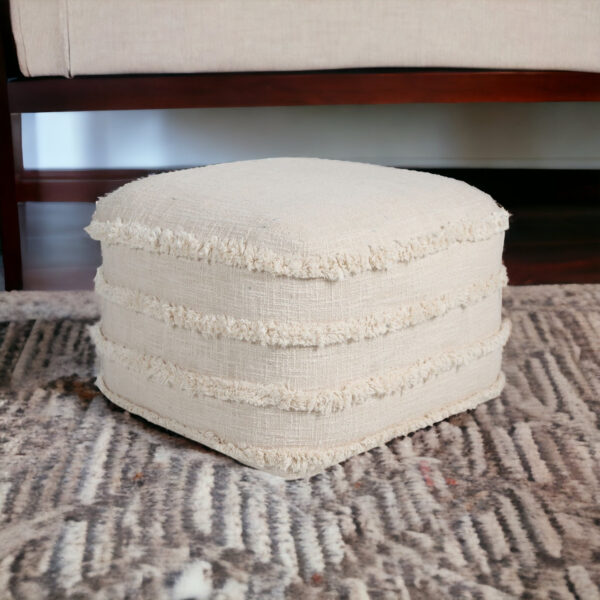 18" Cream Cotton Tufted Stripe Cube Pouf Ottoman