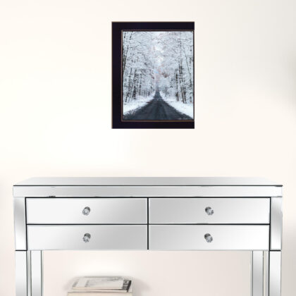All Roads Lead Home Snowy Winter Lane Black Framed Print Wall Art