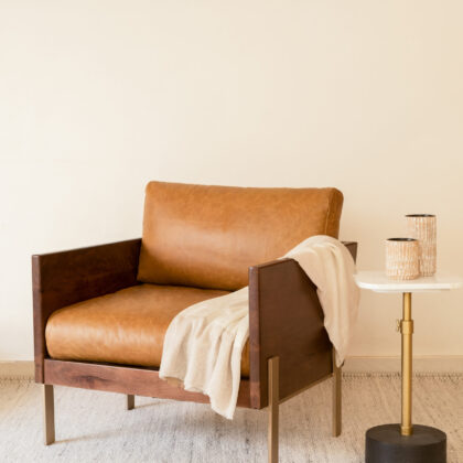 31" Carmel Brown Top Grain Leather And Gold Arm Chair