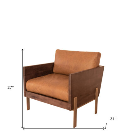 31" Carmel Brown Top Grain Leather And Gold Arm Chair
