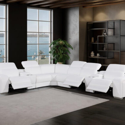 White Italian Leather Power Reclining Curved Eight Piece Corner Sectional With Console