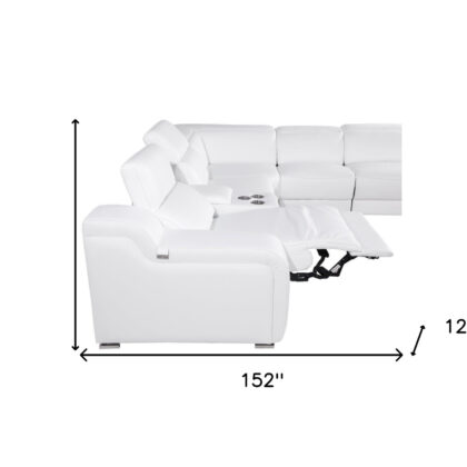 White Italian Leather Power Reclining Curved Eight Piece Corner Sectional With Console