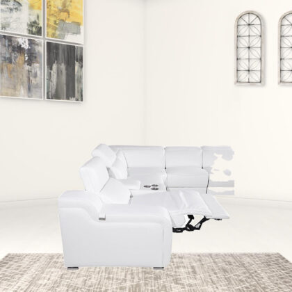White Italian Leather Power Reclining Curved Eight Piece Corner Sectional With Console