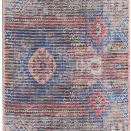 8' Blue and Red Geometric Power Loom Distressed Washable Runner Rug