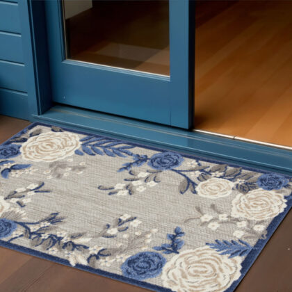 3' X 4' Blue and Gray Floral Indoor Outdoor Area Rug