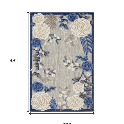 3' X 4' Blue and Gray Floral Indoor Outdoor Area Rug