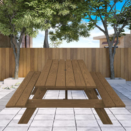 94" Wood Brown Solid Wood Outdoor Picnic Table with Umbrella Hole