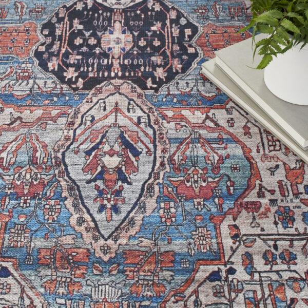 5' x 7' Red and Ivory Oriental Power Loom Distressed Washable Non Skid Area Rug
