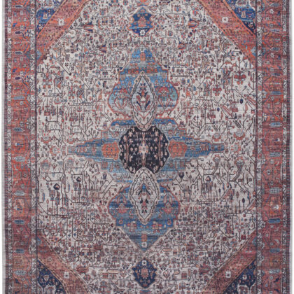 5' x 7' Red and Ivory Oriental Power Loom Distressed Washable Non Skid Area Rug