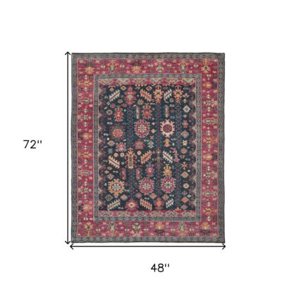 4' X 6' Pink Blue And Orange Wool Floral Hand Knotted Distressed Stain Resistant Area Rug With Fringe