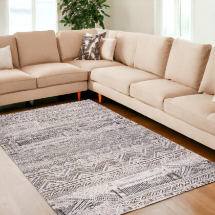 8' x 11' Gray and White Oriental Non Skid Area Rug