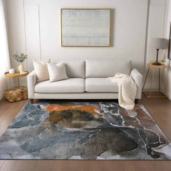 8' X 10' Orange Abstract Washable Non Skid Indoor Outdoor Area Rug