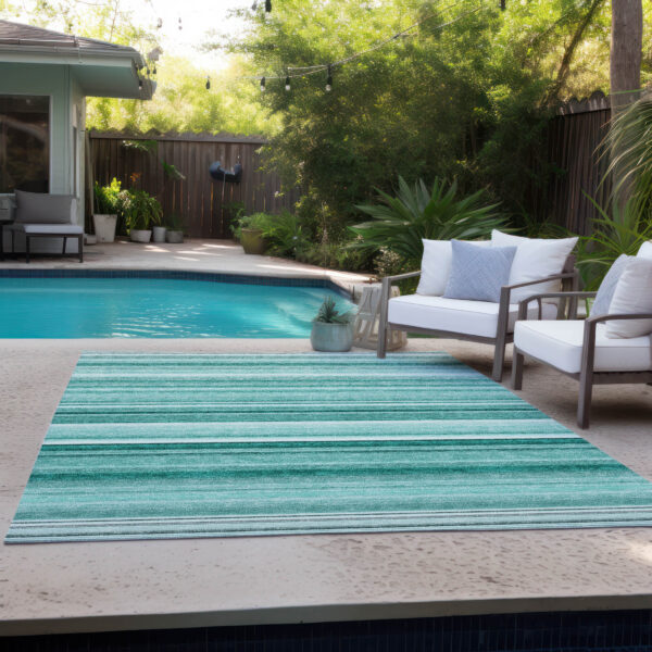 5' X 8' Aqua Striped Washable Indoor Outdoor Area Rug