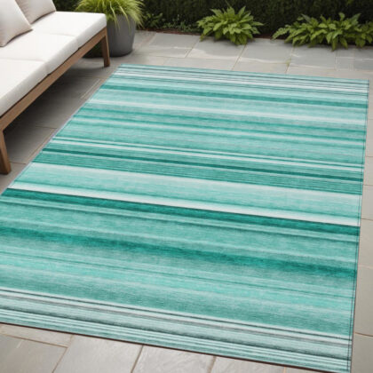 5' X 8' Aqua Striped Washable Indoor Outdoor Area Rug