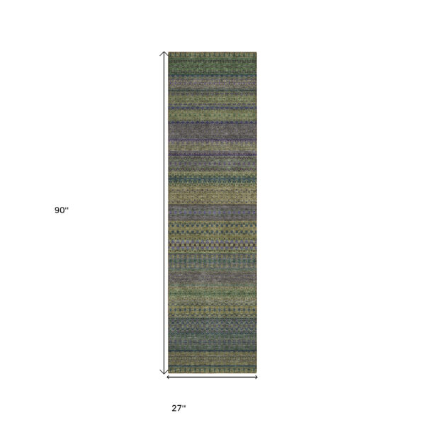 2' X 8' Olive Green Striped Washable Indoor Outdoor Runner Rug