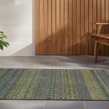 2' X 8' Olive Green Striped Washable Indoor Outdoor Runner Rug