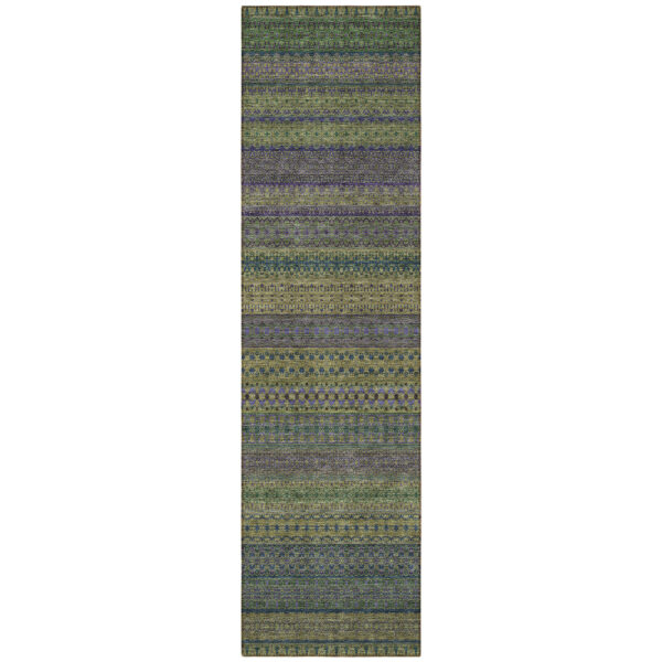 2' X 8' Olive Green Striped Washable Indoor Outdoor Runner Rug