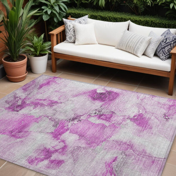 9' X 12' Pink and Ivory Abstract Washable Non Skid Indoor Outdoor Area Rug